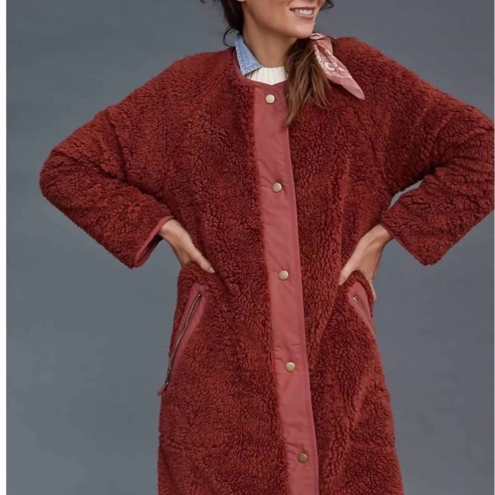 Anthropologie Women's Rust Red Fuzzy Teddy Coat Size Large NWT - Picture 3 of 10